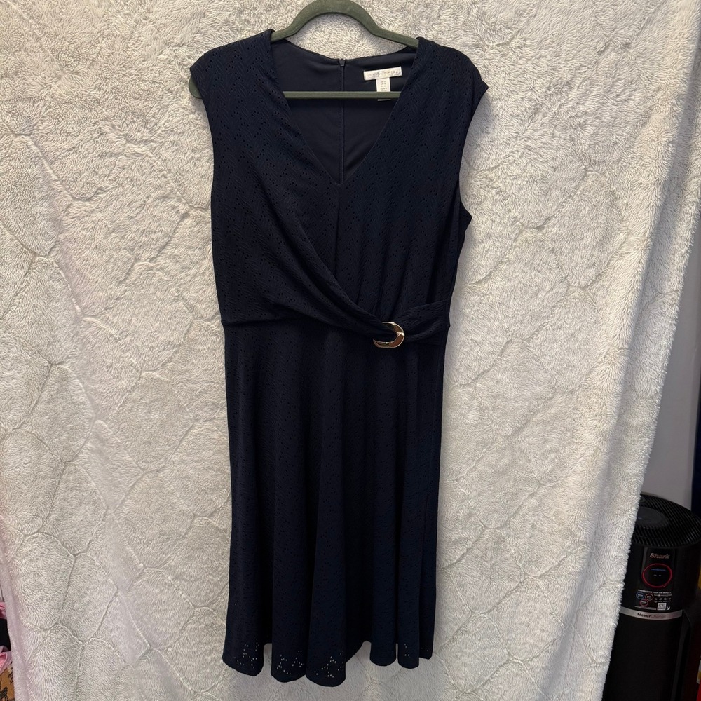 London Times Navy Blue Eyelet Fit Flare Midi Dress 10 Faux Wrap Gold Ring Waist